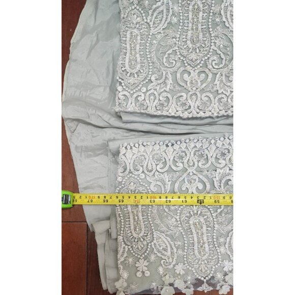 Gemy Maalouf Lace Evening Gown Light Grey Embroidered Long Sleeve Slit Front 12 - Picture 15 of 16